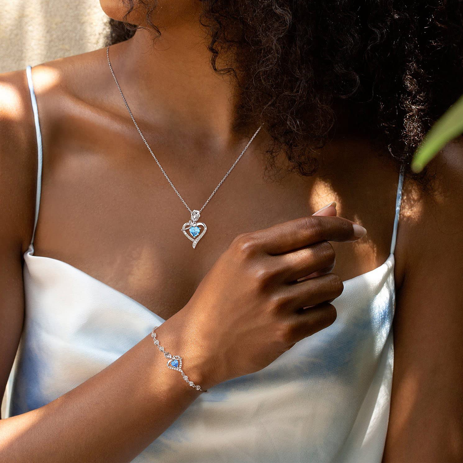 AGVANA Aquamarine Rose Heart Necklace - Sterling Silver March Birthstone Jewelry, Anniversary & Birthday Gift