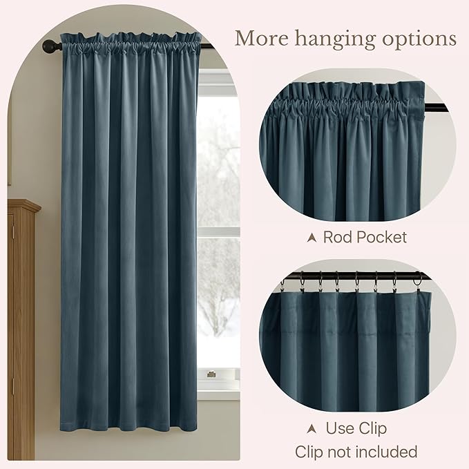 NICETOWN Slate Blue Blackout Velvet Curtains for Kitchen, Thermal Insulated Noise Reducing Short Velvet Drapes, Privacy Protection Window Treatment, W52 x L63, 2 Panels