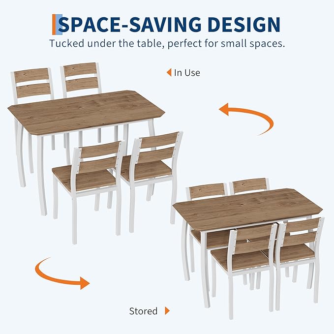 IDEALHOUSE Dining Table Set for 4 Modern Kitchen Table and Chairs Set with Chamfered Edges Cushioned Seats Space-Saving Metal Frame for Dining Room Apartment Small Spaces, White & Wood Grain Color