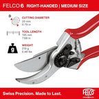 Felco F6 Pruning Shears – 7.7" Swiss-Made Garden Clippers for Medium Hands | Hand Pruners for Gardening | Garden Tool Cutter with Precision Bypass Blade, Forged Aluminum Handles, Replaceable Parts