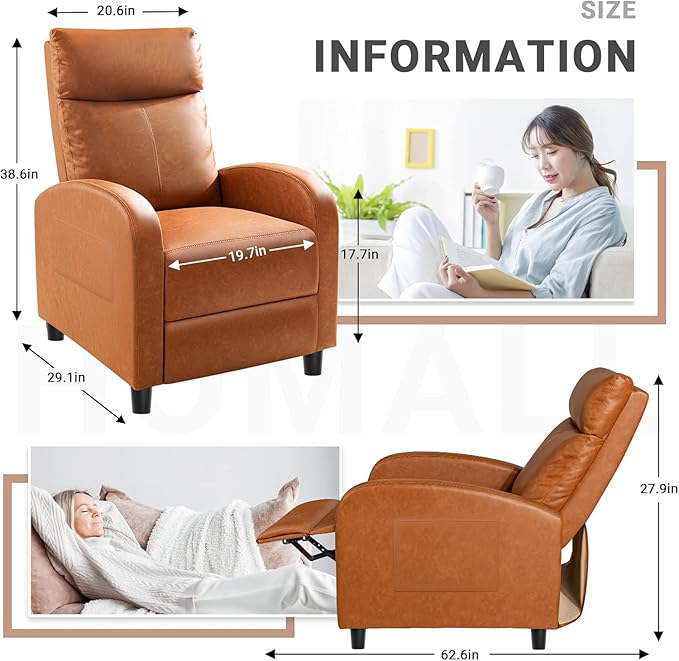 Homall Recliner Chair, Recliner Sofa PU Leather for Adults, Recliners Home Theater Seating with Lumbar Support, Reclining Sofa Chair for Living Room (Khaki, Leather)