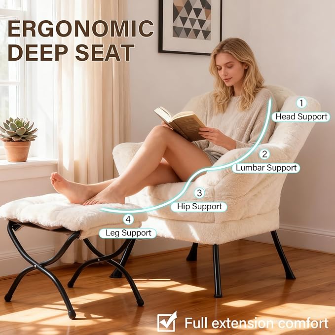 Welnow Lazy Chair with Ottoman, Modern Accent Chair with Armrests and a Side Pocket, Leisure Sofa Armchair, Reading Armchair with Footrest for Small Space, Plush Beige