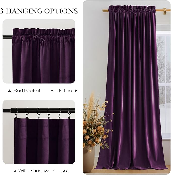 NICETOWN Blackout Purple Gothic Velvet Curtains 96 inch Long, Dark Purple - Rod Pocket Drapes Soft Window Treatments for Bedroom and Living Room(2 Panels, 52" Wide)