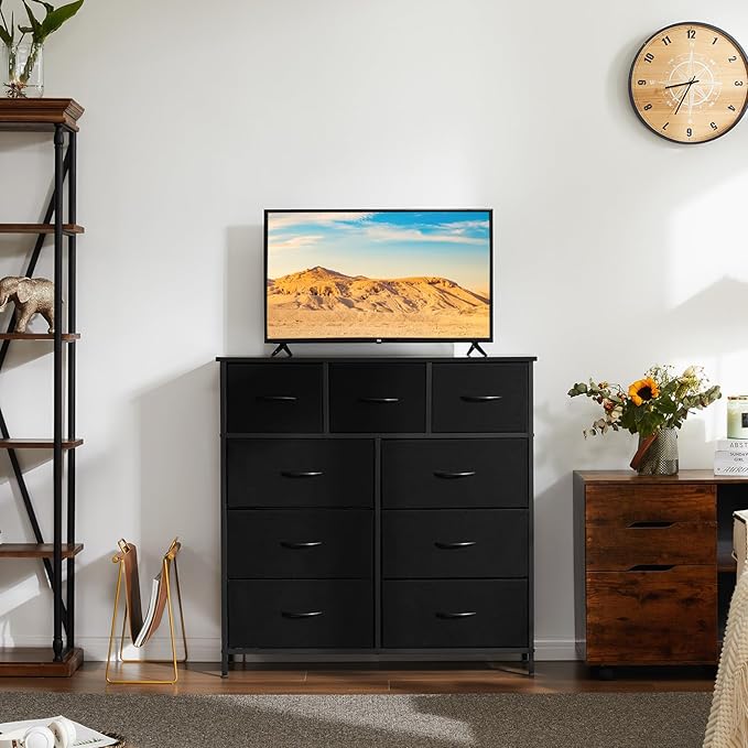 Dresser for Bedroom with 9 Drawers, Anti-Tip Tall Fabric Chests Storage Organizer Tower Furniture with Wooden Top Metal Frame for Clothes, Closet, Living Room, Hallway, Entryway
