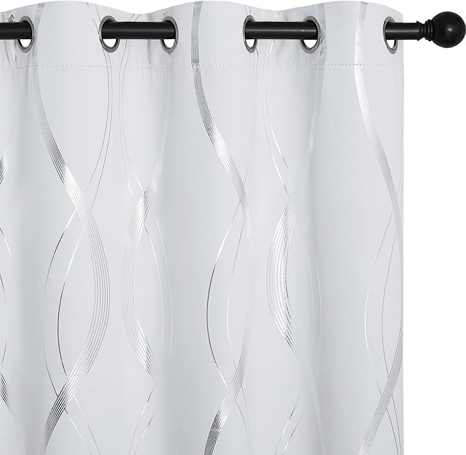 NICETOWN Greyish White Blackout Curtains for Bedroom, Microfiber Noise Reducing Thermal Insulated Wave Line Foil Print Design Blackout Curtains for Office, Classroom (2 Panels, 52 x 45 Inch)