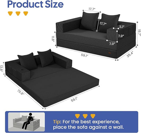 COMAX Futon Sofa Bed, 4‑in‑1 Convertible Sofa Bed, Folding Boneless Couches for Living Room, Fold Out Small Foldable Loveseat Floor Sleeper Comfy Mattress Lounge Space‑Saving, Black