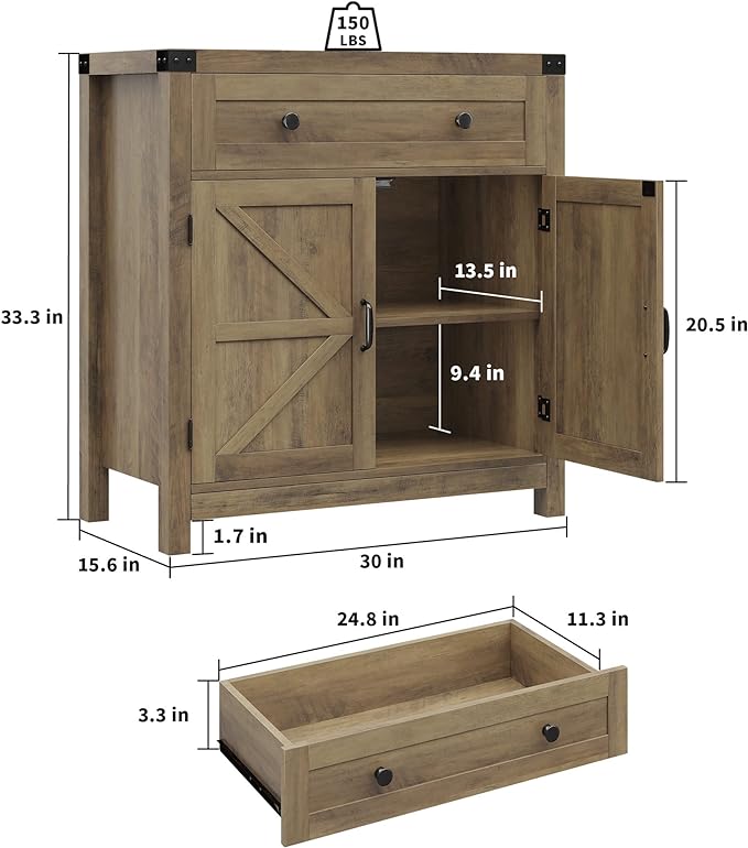 HOSTACK Coffee Bar Cabinet, Kitchen Storage Cabinet, Modern Farmhouse Buffet Sideboard with Drawer and Adjustable Shelf, Barn Door Accent Cabinets for Kitchen, Dining Room, Entryway,Rustic Brown