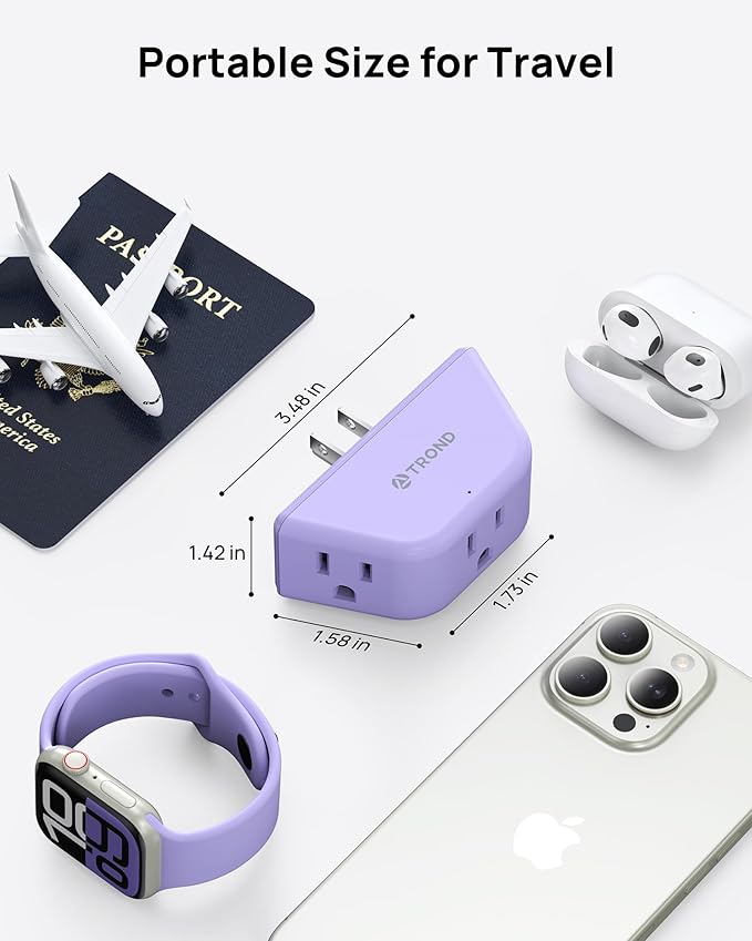 TROND Purple Outlet Extender - Plug Splitter with 3-Prong Grounded Sockets, 3 Way Angled Outlet Adapter, Wall Plug Expander, Cruise Ship Essentials, Compact and Practical for Travel Home Decoration