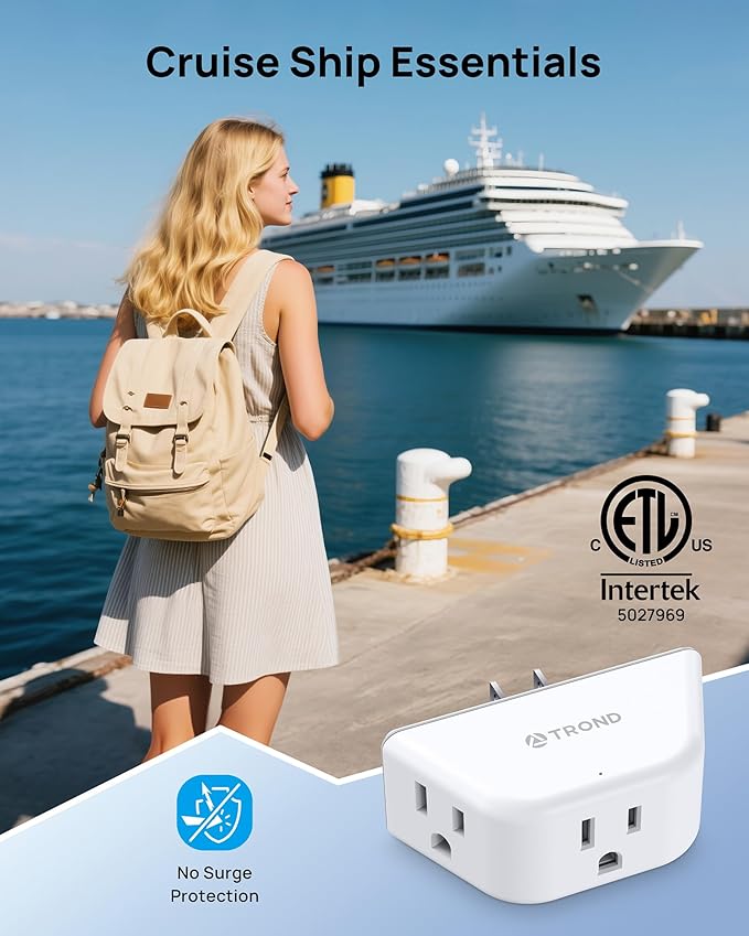 TROND Outlet Extender, 3-Prong Grounded Wall Plug Splitter, 3 Way Angled Outlet Adapter, Cruise Ship Essentials, Plug Expander with 3 Electrical Sockets for Bathroom, Kitchen, White