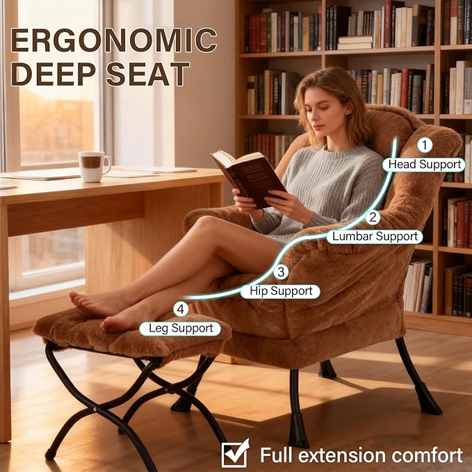 Welnow Lazy Chair with Ottoman, Modern Accent Chair with Armrests and a Side Pocket, Leisure Sofa Armchair, Reading Armchair with Footrest for Small Space, Plush Brown