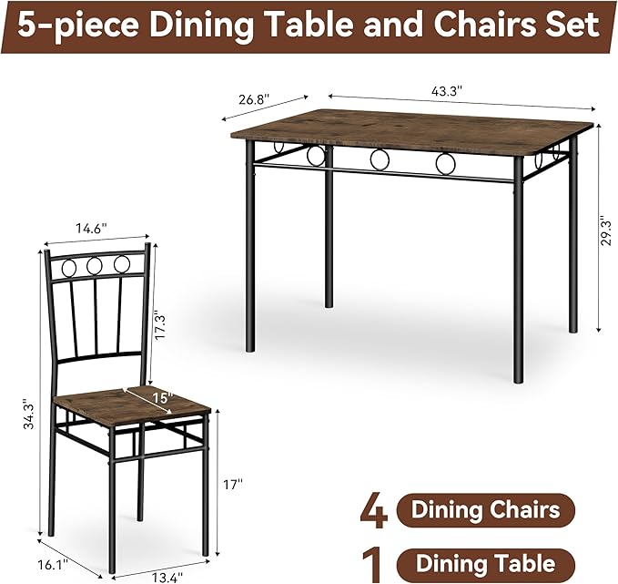 Vipbear 5-Piece Kitchen Table Set,Kitchen Dining Table Set for 4, Dining Room Table Sets with 4 Chairs,Rectangular Kitchen Table Set for Small Space, Dinette,Apartment, Classic Brown