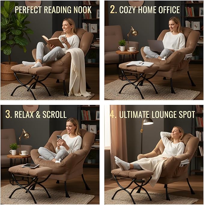Tiita Lazy Chair with Ottoman, Khaki Modern Large Accent Chair, Comfy Leisure Sofa Armchair with Ottoman, Reading Chair with Footrest for Bedroom, Living Room, Dorm Rooms, Velvet Khaki