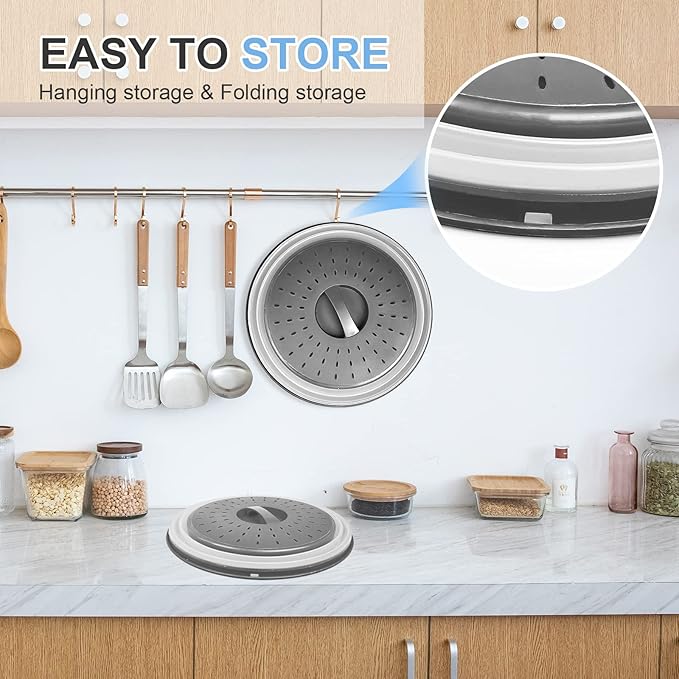 Microwave Food Cover with Mat 12 Inch, Mat as Bowl Holder, Cover for Splatter Guard, Collapsible Lid for Plate Dish, Multi-Purpose Silicone Mat & Kitchen Colander Gadget for Meal Prep,Charcoal