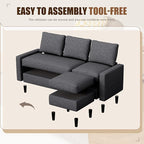 JAMFLY 73.6" Modular Sectional Sofa with Ottoman for Small Apartments, Reversible L-Shaped Couch for Compact Living Rooms, Linen Fabric 3-Seater Set for Studio & Office Nap, Black