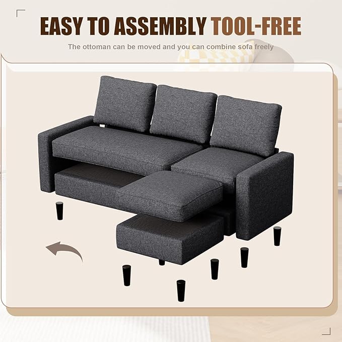 JAMFLY 73.6" Modular Sectional Sofa with Ottoman for Small Apartments, Reversible L-Shaped Couch for Compact Living Rooms, Linen Fabric 3-Seater Set for Studio & Office Nap, Black