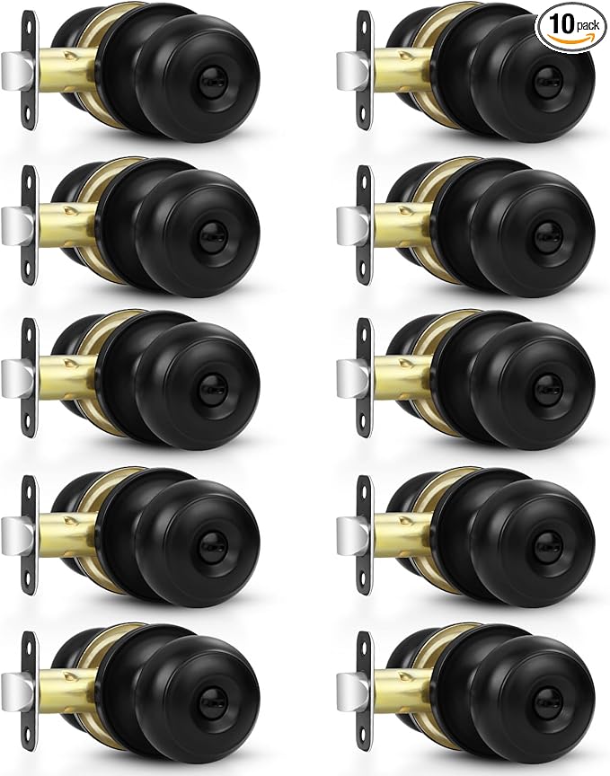 Estmoon 10 Pack Privacy Door Knobs for Bedroom Bathroom, Matte Black Door Handle with Lock Round Ball Interior Knobs for Bedroom/Bathroom, Heavy Duty Handle for Left Right Sided Doors