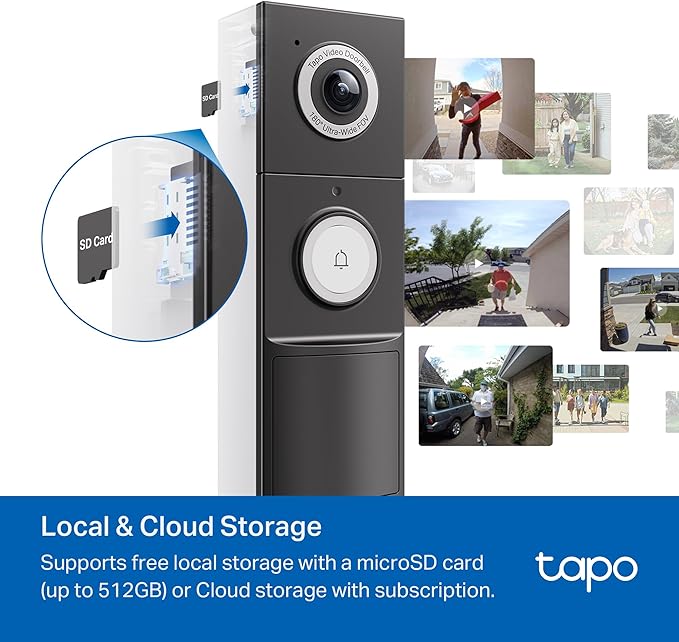 Tapo 2K+ Wired or Battery Powered Smart Video Doorbell with Chime - 180° Field of View, Person/Vehicle/Package Detection, Ring Call, 2-Way Audio, Subscription-Free Local Storage or Optional Cloud,D225