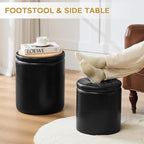 Round Ottoman with Storage Set of 2, 12.6" W x 14.17" H & 14.76" W x 17.32" H Faux Leather Storage Ottoman for Living Room Bedroom, Small Coffee Table Padded Ottoman, Black