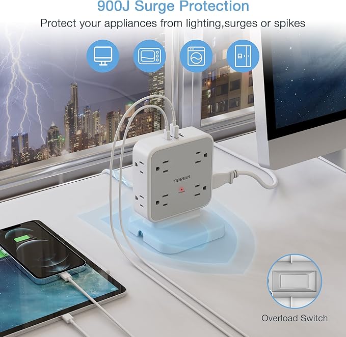 TESSAN Surge Protector Power Strip, 5 Ft Flat Plug Extension Cord with 3 USB (1 USB C) 8 Outlets, 1250W, 900J Protection, 3 Sided Outlet Extender with Base for Office, Dorm Room, Grey