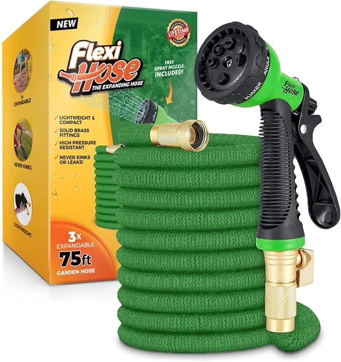 Flexi Hose with 8 Function Nozzle, 75FT - Lightweight Expandable Garden Hose, No-Kink Flexibility, 3/4 Inch Solid Brass Fittings and Double Latex Core - Green