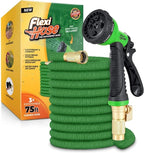 Flexi Hose with 8 Function Nozzle, 25FT - Lightweight Expandable Garden Hose, No-Kink Flexibility, 3/4 Inch Solid Brass Fittings and Double Latex Core - Green