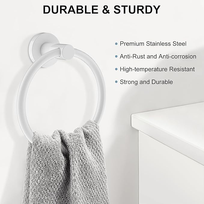 SetSail Towel Holder for Bathroom Wall White Towel Ring Screw-in Hand Towel Holder Stainless Steel Towel Hanger for Bathrooms, 4 Packs