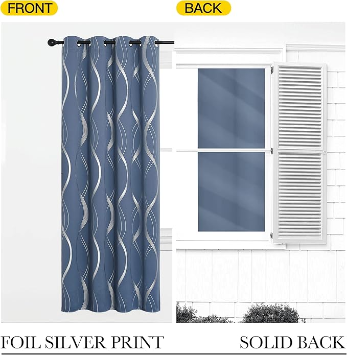 NICETOWN Stone Blue Blackout Curtains 54 inch Long Small Panels, 42 Inch Wide, Window Treatment Thermal Insulated Wave Line Foil Print Design Drapes for Kitchen, Cafe, Loft, Set of 2