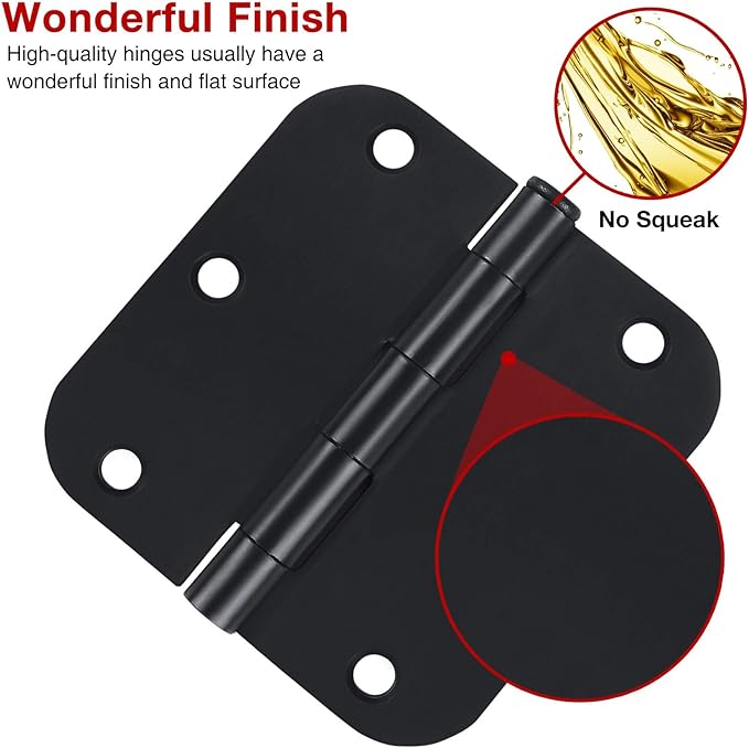 60 Pack Matte Black Door Hinges 3.5 x 3.5 Inch Interior 3 1/2 Inch No Squeak Door Hinges for Doors Rounded 5/8" Radius Corners Flat Iron Hinge 3 ½"x 3 ½" Door Hardware Controls
