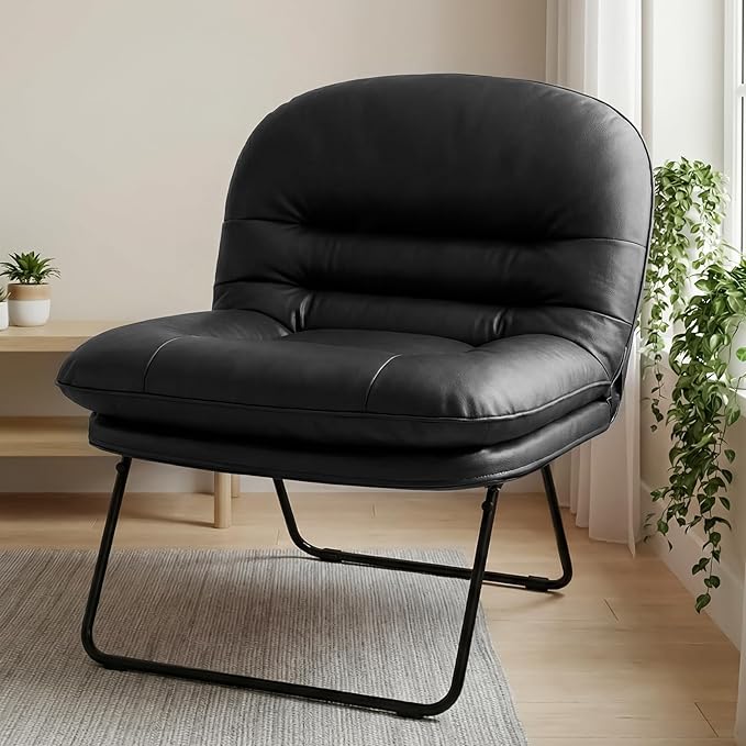 DUMOS Comfy Saucer Chair,PU Leather Foldable Chairs for Bedroom, Dorm & Gaming, Foldable Fashion Floor Chair with Back Support for Small Spaces, New Black