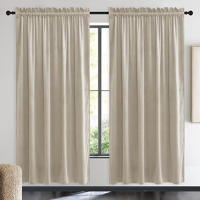 NICETOWN Camel Velvet Curtains 72 Inch Long 52 Wide, Room Darkening Sound Blocking Window Treatment for Living Room Farmhouse Style Drapes for Home
