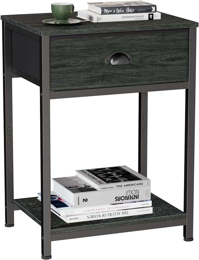 Furologee Nightstand with Fabric Drawer & Storage Shelf, Small Side Table for Small Space, 2 Tiers Industrial End Table for Living Room, Bedroom, Black Oak
