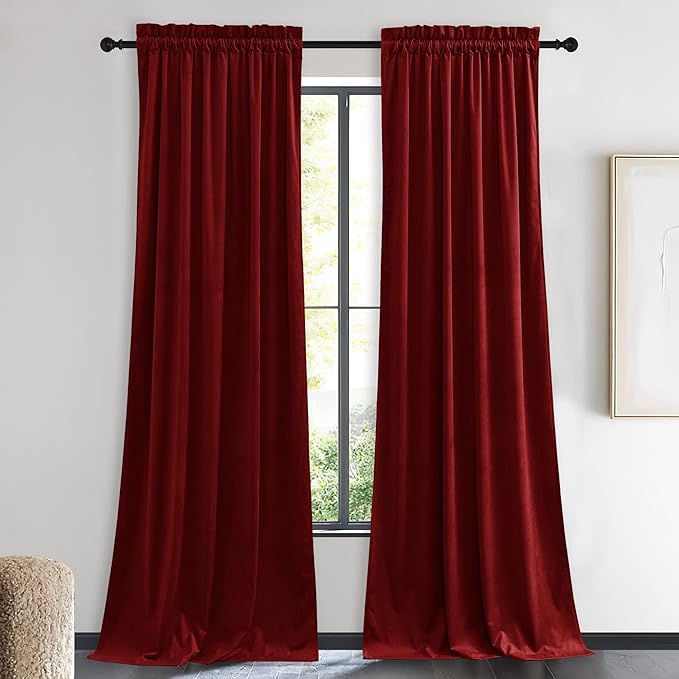 NICETOWN Christmas Red Velvet Curtains and Drapes, Extra Long Elegant Wall Backdrop Drapes for Holiday Season Home Decoration (Set of 2, Rod Pocket Design, 90 inches Long)