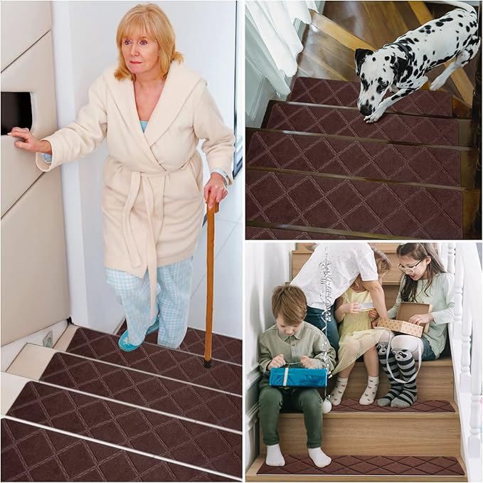Stair Treads for Wooden Steps - 15pcs, 8x30in Carpet Stairs Runner Indoor Non-Slip Mats for Kids, Elders and Pets