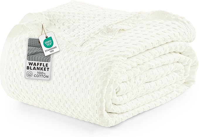 Utopia Bedding Ivory 100% Cotton Waffle Blanket 300 GSM [Twin - 90x66 Inch] Soft Lightweight Breathable Bed Blanket for All Season