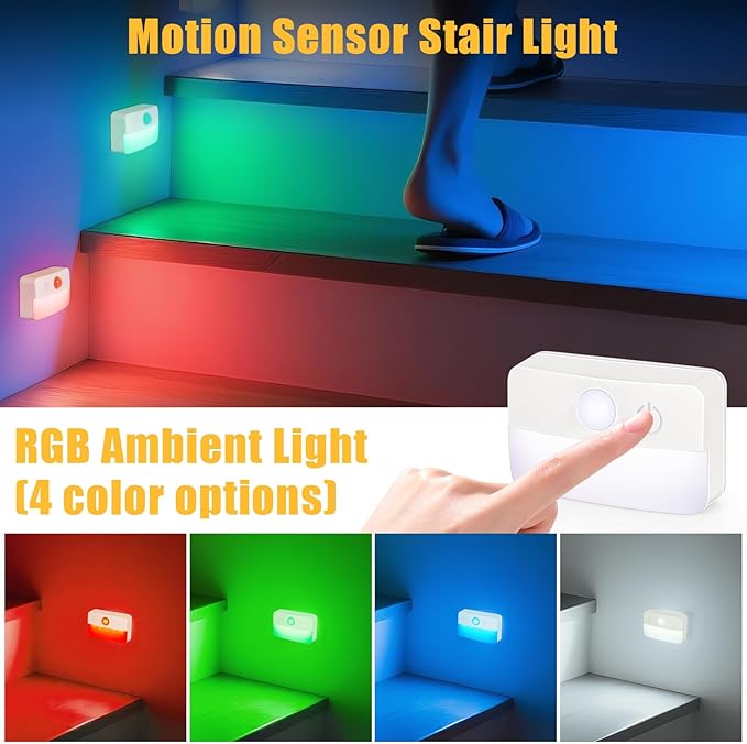 8 Pack Motion Sensor Stair Lights for Indoor, Wireless RGB Battery Operated Night Light, Activated Led Stick On Hallway Closet Under Cabinet Step Lamp for Bedroom Kitchen Bathroom