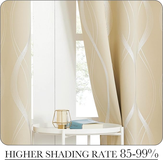 NICETOWN Bedroom Short Blackout Curtain Panels, Window Treatment Thermal Insulated Room Darkening Wave Line Foil Print Design Curtains for Kitchen, Cafe, Loft (Biscotti Beige, Set of 2, 42 by 63 Inch)