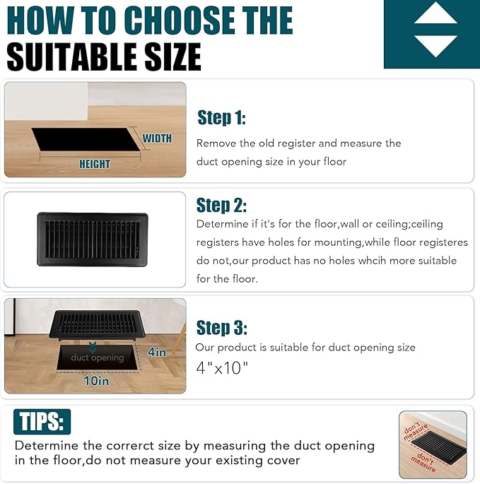 VOISEN Floor Register, 4" x 10" Floor Vents, Steel Adjustable Air Supply Grille Register Vent Cover Grill for Sidewall and Floor(Black)