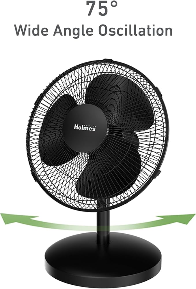 Holmes 12 Inch Oscillating Table Fan 3 Speeds 75 Degree Wide Angle Oscillation Adjustable 15 Degree Tilt Quiet Operation Home Office Bedroom Kitchen Black