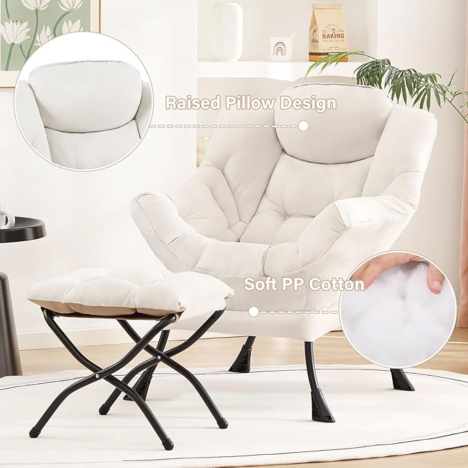 Tiita Lazy Chair with Ottoman, Beige Modern Large Accent Chair, Comfy Leisure Sofa Armchair with Ottoman, Reading Chair with Footrest for Bedroom, Living Room, Dorm Rooms, Beige