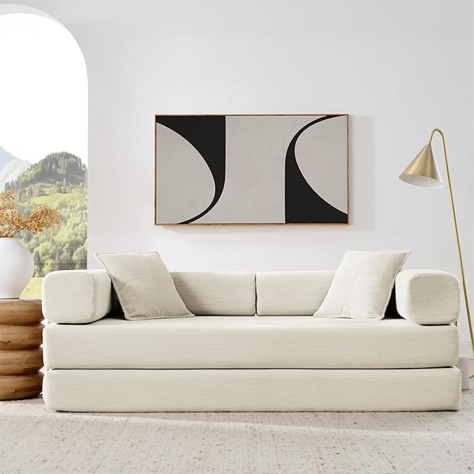 4-in-1 Folding Convertible Sofa Bed, 78 Inch Boneless Couch with Fixed-Shape Frame, Corduroy Loveseat Sleeper with Pull Out Bed, Floor Sofa Modular Futon Couch for Living Room Bedroom Lounge (Beige)
