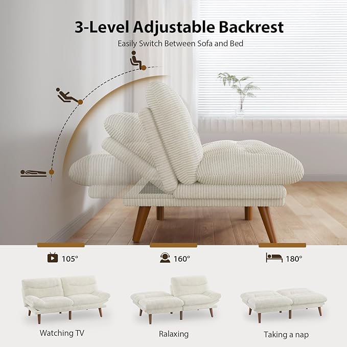 Pipishell Futon Sofa Bed, 75 Inch Corduroy Futon Couch Convertible with Adjustable Backrest and Armrests, Recliner Sleeper Sofa for Small Spaces, Living Room, Office, Guest Room (White, 75 Inch) | Adjustable