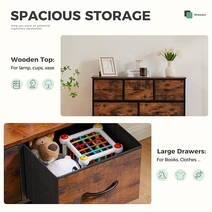 Dresser for Bedroom with 7 Drawers, Anti-Tip Wide Fabric Chests Storage Organizer Tower Furniture, TV Stand for TV up to 45 inch with Wooden Top Metal Frame for Clothes, Living Room, Hallway, Entryway