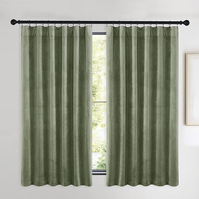 NICETOWN Super Soft Velvet Curtains 63 inches, Sound Reducing Cold Heat Insulated Heavy Matt Room Darkening Drape Panels for Living Room (Sage Green, 2 Panels)
