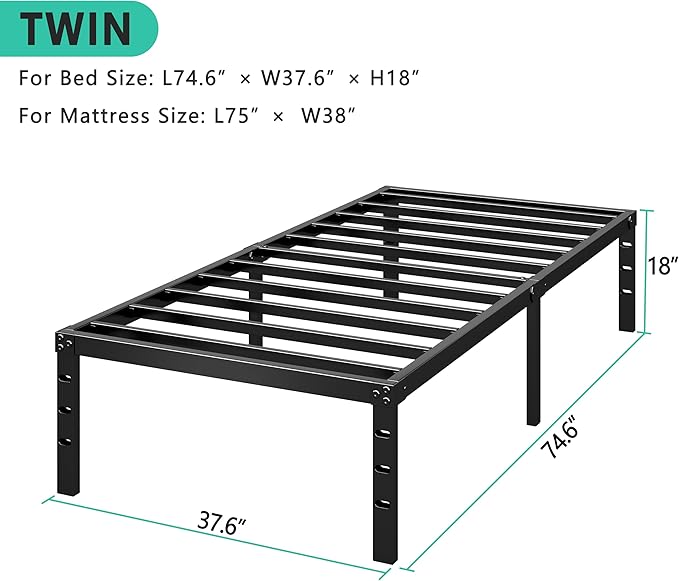 Metal Platform Bed Frame 18 Inch Tall,No Box Spring Needed,Twin Size Bed with Heavy Duty Strong Support Slats,Easy to Assemble,Black