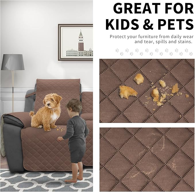 Easy-Going Recliner Sofa Cover with Console, Reversible Couch Cover for Living Room, Split Sofa Cover for Each Seat with Elastic Straps for Kids, Dogs, Pets (3 Seater, Brown/Beige)