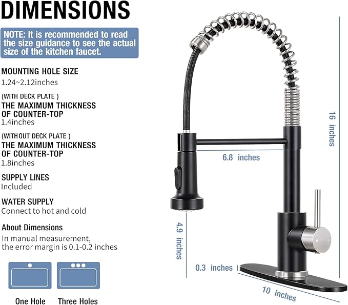 DJS Kitchen Faucets with Pull Down Sprayer Matte Black & Brushed Nickel High Arc Single Handle 1 or 3 Holes Spring Kitchen Sink Faucet with Deck Plate for Farmhouse RV Vessel Basin
