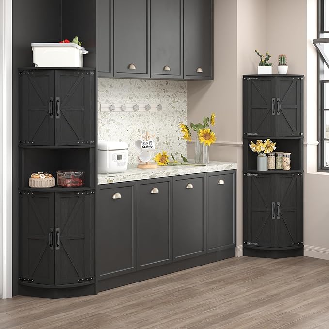 Vabches 64.8" Tall Farmhouse Corner Cabinet with 4 Doors and 5 Storage Shelves, Farmhouse Storage Cabinet with Barn Door Design, Home Space Saver for Living Room, Kitchen, Laundry Room,Black