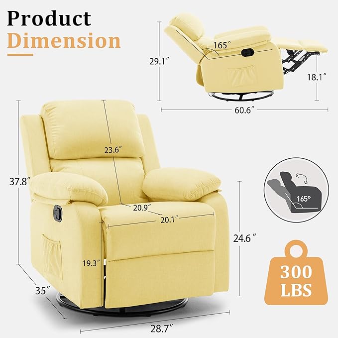 Recliner Chair, 360 Swivel Rocker Chair for Adults, Small Rocking Recliner for Small Spaces, Upholstered Fabric Glider Recliner Nursery