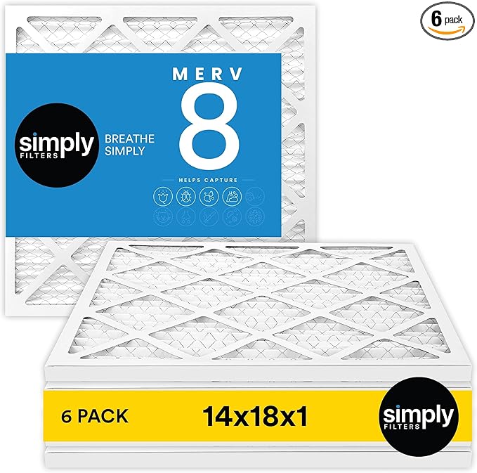 Simply 14x18x1 Air Filter, Merv 8, 6 Pack, For Home AC Furnace & HVAC (Actual Size: 13.75"x17.75"x0.75") DUST, Pet, & Allergy Control