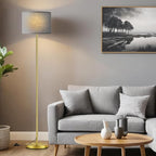 Ambimall 60'' Modern Floor Lamp with Shade, Tall Lamps for Living Room, Bedroom, Office, Dining Room, Linen Grey Shade with Brushed Gold Pole(Without Bulb)